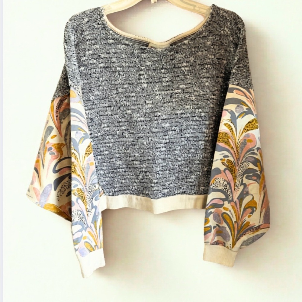 Anthropologie Gray Knit Crewneck Sweater with Multicolor Patterned Bell Sleeves